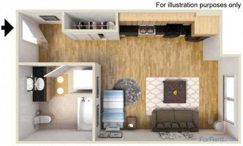 Floor plan for studio, 1 bath, 389 sqft